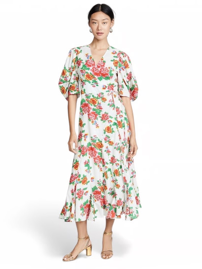 Rhode Fiona Puff Sleeve Midi Dress - White With Pink & Green Floral